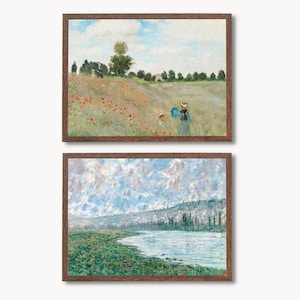 May include: Two framed paintings in a rustic wooden frame. The top painting depicts a landscape with a field of red poppies and two figures walking in the distance. The bottom painting shows a river winding through a green landscape with a cloudy sky.