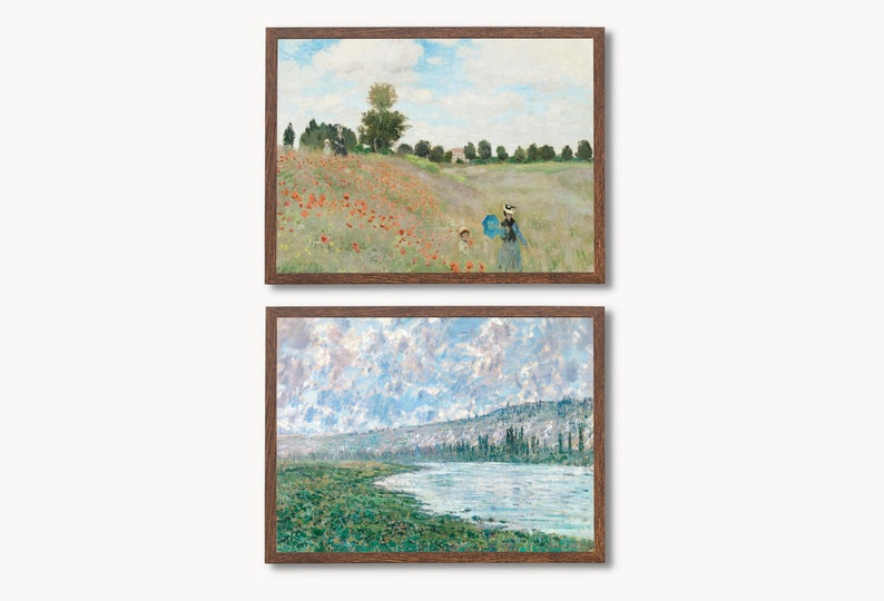 May include: Two framed paintings in a rustic wooden frame. The top painting depicts a landscape with a field of red poppies and two figures walking in the distance. The bottom painting shows a river winding through a green landscape with a cloudy sky.