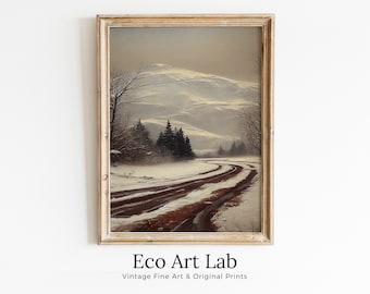 Rustic Winter Painting. Vintage Snowy Road and Mountain Landscape Art Print. Muted Winter Landscape Painting. PRINTABLE Digital Download