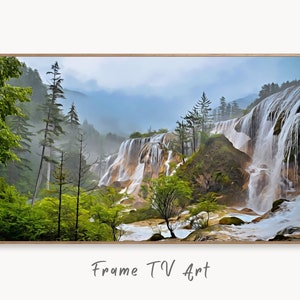 Samsung Frame TV Art 4K Row of Waterfalls in Forest Digital Painting. Instant Download Art for TV. Colorful Frame TV Art. Nature Wall Art