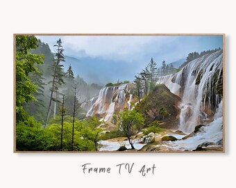 Samsung Frame TV Art 4K Row of Waterfalls in Forest Digital Painting. Instant Download Art for TV. Colorful Frame TV Art. Nature Wall Art
