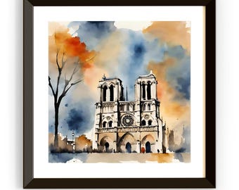 Notre Dame Art Print | Paris Cathedral Wall Decor | Modern Watercolor Square Printable for Unique Home Aesthetics