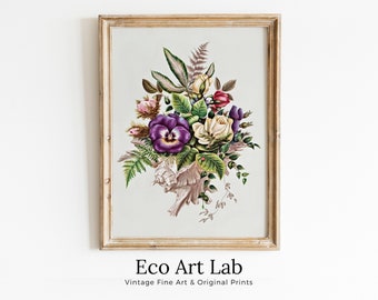 Vintage Flower Bouquet Still Art Print, Antique Retro Style Colorful Botanical Painting, Printable Digital Wall Art, Instant Download