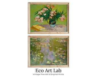 Famous Paintings Set of 2 Prints. Claude Monet & Van Gogh Printable 2 Piece Wall Art. Water Lilies, Oleanders Vintage Art. Instant Download