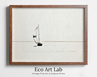 Sailboat Print Nautical Wall Art. Minimalist Boat Artwork. Lone Sail Boat at Sea. Neutral Sailboat Decor. Printable Digital Download Print