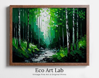 Green Forest Trees Painting Print. Textured Forest Landscape Printable. Printable Wall Art. Digital Art. Nature Decor. Mountain Forest Art