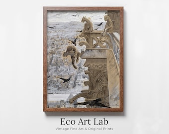 Notre Dame Gargoyle Printable - Vintage Gothic Wall Art - Dark Academia Decor - Medieval Crow Painting