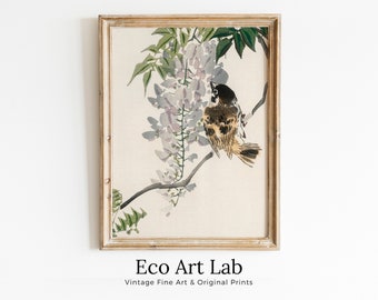Sparrow Perched On a Branch. Vintage Japanese Painting. Japanese Wall Art Printable Poster. 19th Century Japanese Vintage Wall Art, Bird Art