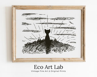 Cat Watching Sunrise Vintage Illustration Wall Art. Instant Download Cat Printable Wall Art. Retro Cat Poster. Cat Printable Vintage Decor