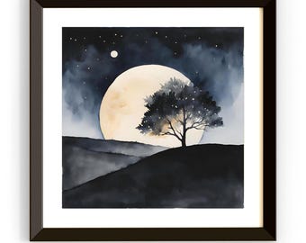 Dark Landscape Watercolor Painting With Two Moons. Minimalist Wall Decor For Home Art. Celestial Decor In Square Format