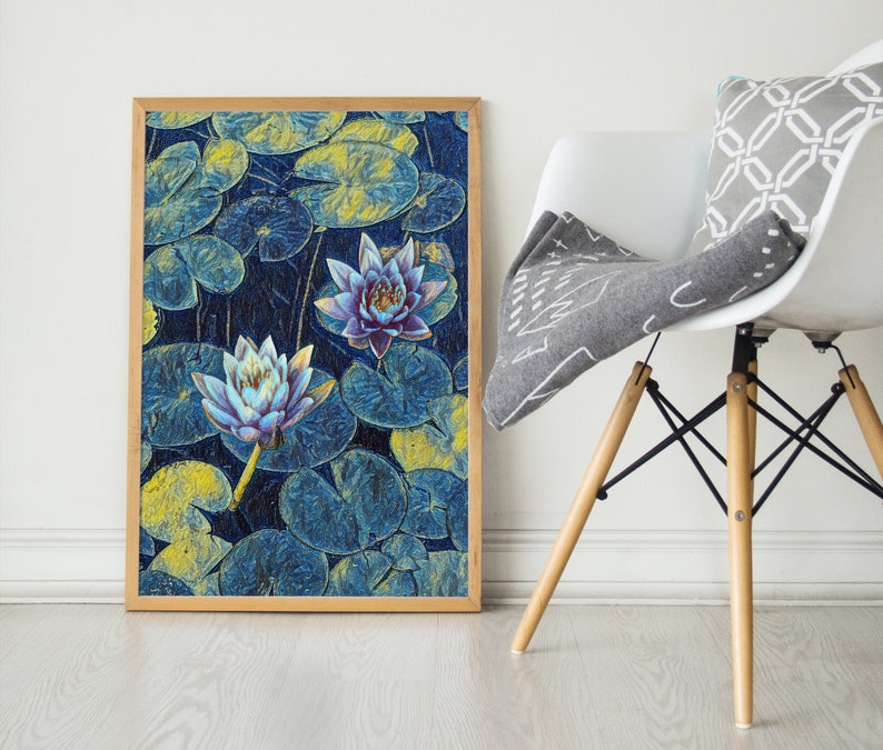 May include: A framed print of a watercolor painting featuring two blue and purple water lilies with yellow lily pads in a blue and green background.