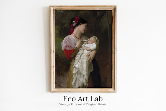 母性への憧憬。ヴィンテージの母子画、保育園のアート。印刷可能な