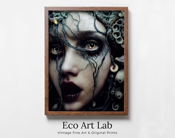 Creepy Gothic Mermaid Art. Printable Wall Art. Dark Mermaid Digital Painting. Instant Download. Mermaid Portrait Painting. Horror Scary Art