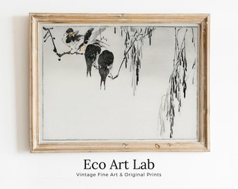 Perched Magpies Illustration Vintage Japanese Painting. Japanese Wall Art Printable Poster. 19th Century Japanese Vintage Wall Art, Bird Art