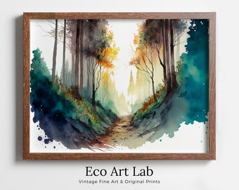 Art mural imprimable peinture forêt. Aquarelle paysage forestier imprimable. Impression de peinture d'arbres forestiers colorés. Art numérique. Décor naturel.
