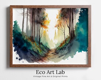 Forest Painting Printable Wall Art. Watercolor Forest Landscape Printable. Colorful Forest Trees Painting Print. Digital Art. Nature Decor.