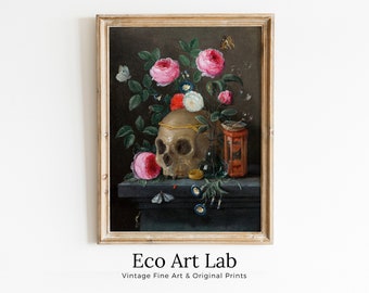 Vintage Skull Oil Painting Printable Wall Art. Skull With Colorful Flowers, Floral Skull Print Digital Download Poster Still Life Wall Decor