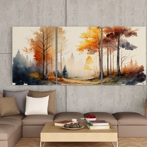 Fall Watercolor Forest Landscape. Printable Wall Art. Set of 3 Prints ...