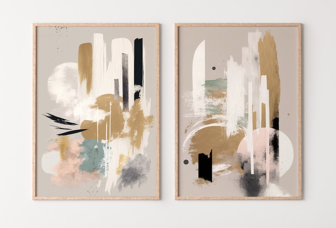 Modern Neutral Abstract Printable Wall Art Set of 2. Black and Beige ...
