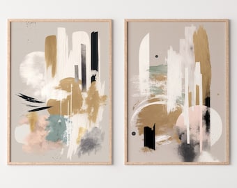 Modern Neutral Abstract Printable Wall Art Set of 2. Black and Beige Minimalist Abstract Prints. Neutral Gallery Wall, Japandi Wall Decor