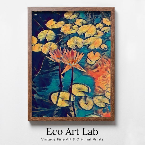 Lotus Flower Art | Botanical Wall Art | Flower Wall Decor | Lotus Flowers and Floating Leaves Digital Painting | Floral Art | Printable Art