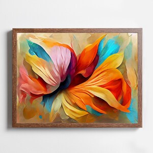 May include: Abstract painting of a colorful flower with petals in shades of orange, yellow, blue, pink, and red. The flower is painted in a stylized, almost 3D way, with the petals overlapping and creating a sense of depth.
