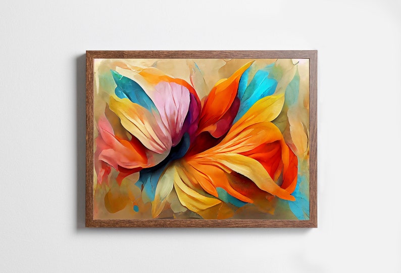 May include: Abstract painting of a colorful flower with petals in shades of orange, yellow, blue, pink, and red. The flower is painted in a stylized, almost 3D way, with the petals overlapping and creating a sense of depth.