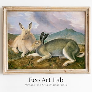 Two Rabbits Wall Art Vintage Painting. Vintage Animal Print. Printable Wall Art, Digital Download. Rabbit Painting Digital Art. Nature Print