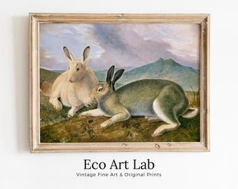 Two Rabbits Wall Art Vintage Painting. Vintage Animal Print. Printable Wall Art, Digital Download. Rabbit Painting Digital Art. Nature Print