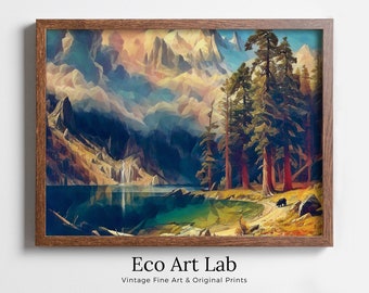 Rocky Mountains Landscape Painting with a Bear, Colorful Printable Wall Art, Home or Office Decor, Nature Print Digital Art Instant Download