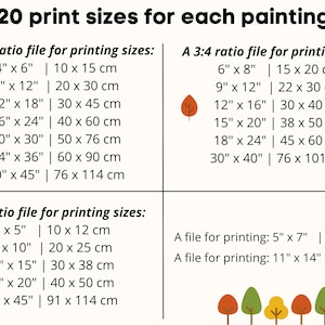 May include: A chart showing 20 different print sizes for paintings, with three different aspect ratios: 2:3, 3:4, and 4:5. The chart includes measurements in inches and centimeters.