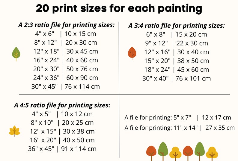 May include: A chart showing 20 different print sizes for paintings, with three different aspect ratios: 2:3, 3:4, and 4:5. The chart includes measurements in inches and centimeters.