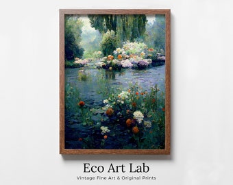 Monet Inspired Flowers on River Digital Painting. Instant Download Floral Decor. Monet Botanical Print Printable Wall Art. Abstract Decor