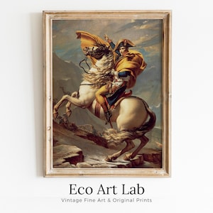 Napoleon Bonaparte korsar Alperna. Gula kapversionen. Utskrivbar väggkonst. Reproduktion av fransk historia. Berömd historisk affisch.