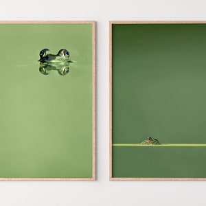 Green Frog Sitting in Pond Set of 2 Prints. Frog Art Print Instant Download Green Animal Printable Wall Art. 2 Piece Wall Art Home Decor