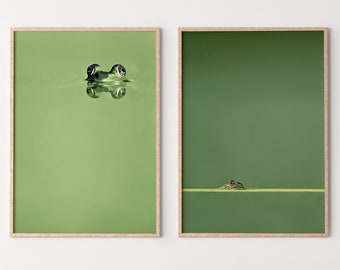 Green Frog Sitting in Pond Set of 2 Prints. Frog Art Print Instant Download Green Animal Printable Wall Art. 2 Piece Wall Art Home Decor