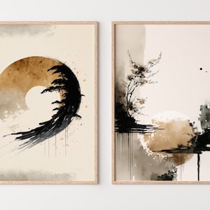 Set med 2 moderna neutrala abstrakta utskrivbara väggkonstverk. Svarta & beige Wabi Sabi abstrakta tryck, minimalistisk zen tavelvägg, Japandi väggkonst