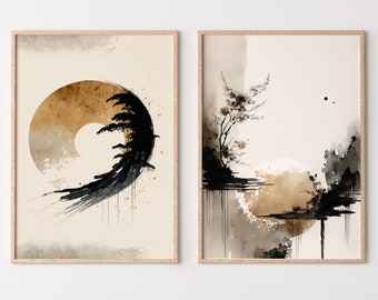 Set of 2 Modern Neutral Abstract Printable Wall Art. Black & Beige Wabi Sabi Abstract Prints, Minimalist Zen Gallery Wall, Japandi Wall Art
