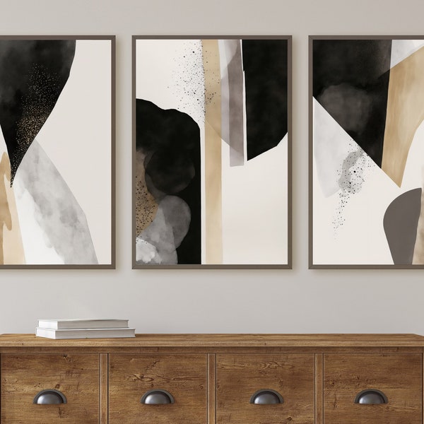 Minimalist Set of 3 Art Prints. Black and White Abstract Poster Set. Neutral Gallery Wall. Black & Beige Wall Art. Contemporary Modern Art