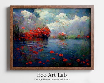 Flowers River & Clouds Monet Inspired Digital Painting. Landscape Print. Instant Download Floral Decor. Printable Wall Art. Abstract Decor