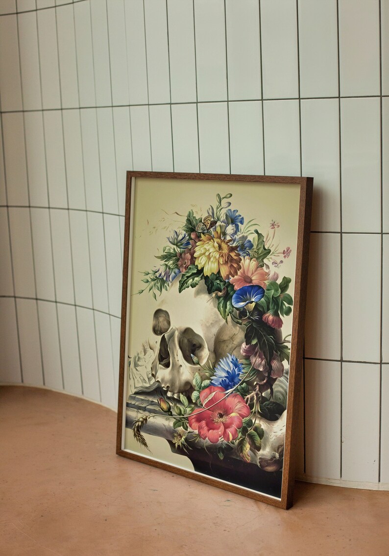 Vintage Skull Painting Printable Wall Art, Skull With Colorful Flowers, Floral Skull Print, Digital Download, Skull Wall Decor Poster image 7