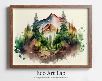 Colorful Watercolor Forest & Mountain Painting. Forest Landscape Printable. Nature Art Print. Mountain Forest Art. Printable Wall Art