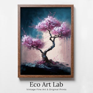 May include: A framed painting of a stylized pink cherry blossom tree with a blue and pink background. The painting is in a wooden frame.