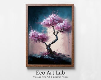 Pink Cherry Blossom Bonzai Tree Abstract Painting. Original Printable Wall Art. Blooming Floral Painting. Modern Living Room Home Wall Decor