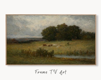 Samsung Frame TV Art 4K Cattle Near Stream Vintage Landscape Painting. Instant Download. Rustic Art for Frame TV. Landscape Art for TV