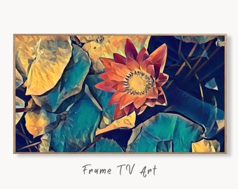 Single Lotus Flower and Leaves Digital Painting, Frame TV Art Digital Download, Digital Art for Tv, Colorful Art for Frame TV