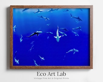 Sharks in Deep Blue Water Instant Download Shark Wall Art Poster. Horizontal Printable Wall Art Shark Decor. Nature Wall Art Nautical Decor