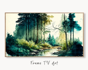 Samsung Frame TV Art 4K River in Forest Watercolor Landscape Digital Painting. Instant Download Forest Art for Samsung Frame TV. Art for TV