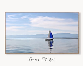 Samsung Frame TV Art 4K Blue Sailboat Painting Nautical Wall Art. Instant Download Boat Painting for the Frame TV. Sailing Ocean Art for TV