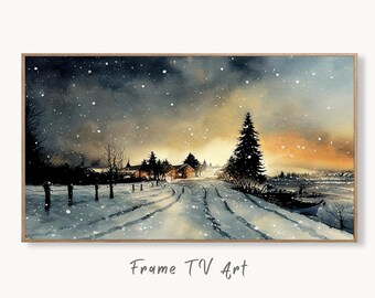 Samsung Frame TV Art 4K Winter Rustic Country Sunset Landscape Watercolor Painting. Instant Download Art for Frame TV. Nature Art for TV